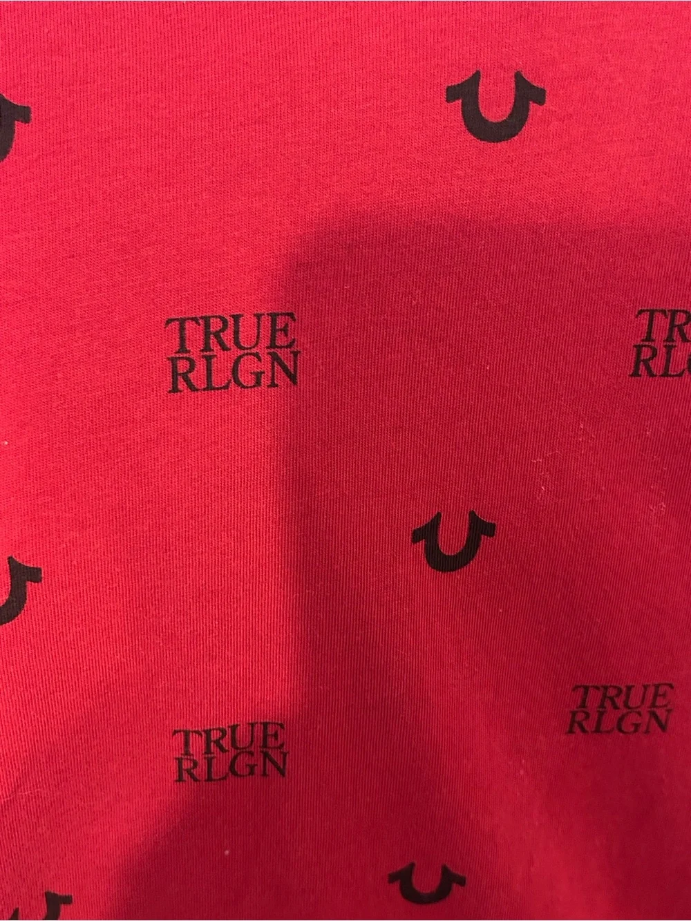 True Religion Men's Red Tee with Black Logo Allover